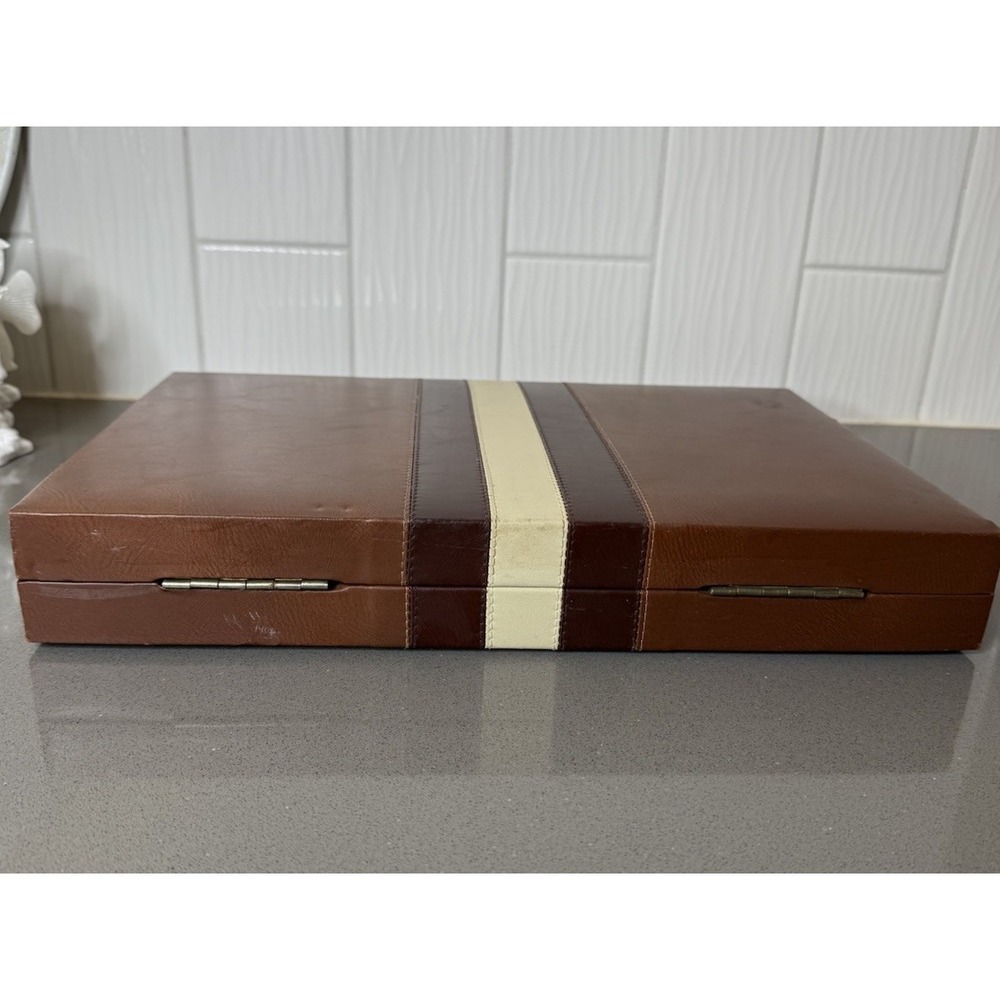 Vintage Backgammon GAME Brown Faux Leather Briefcase Racing Stripe COMPLETE GUC - Picture 5 of 16